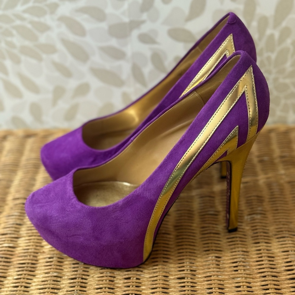 Taylor Says Women’s 9 Blondie Purple Suede Gold Platform Pumps Stiletto Heels - Picture 7 of 10